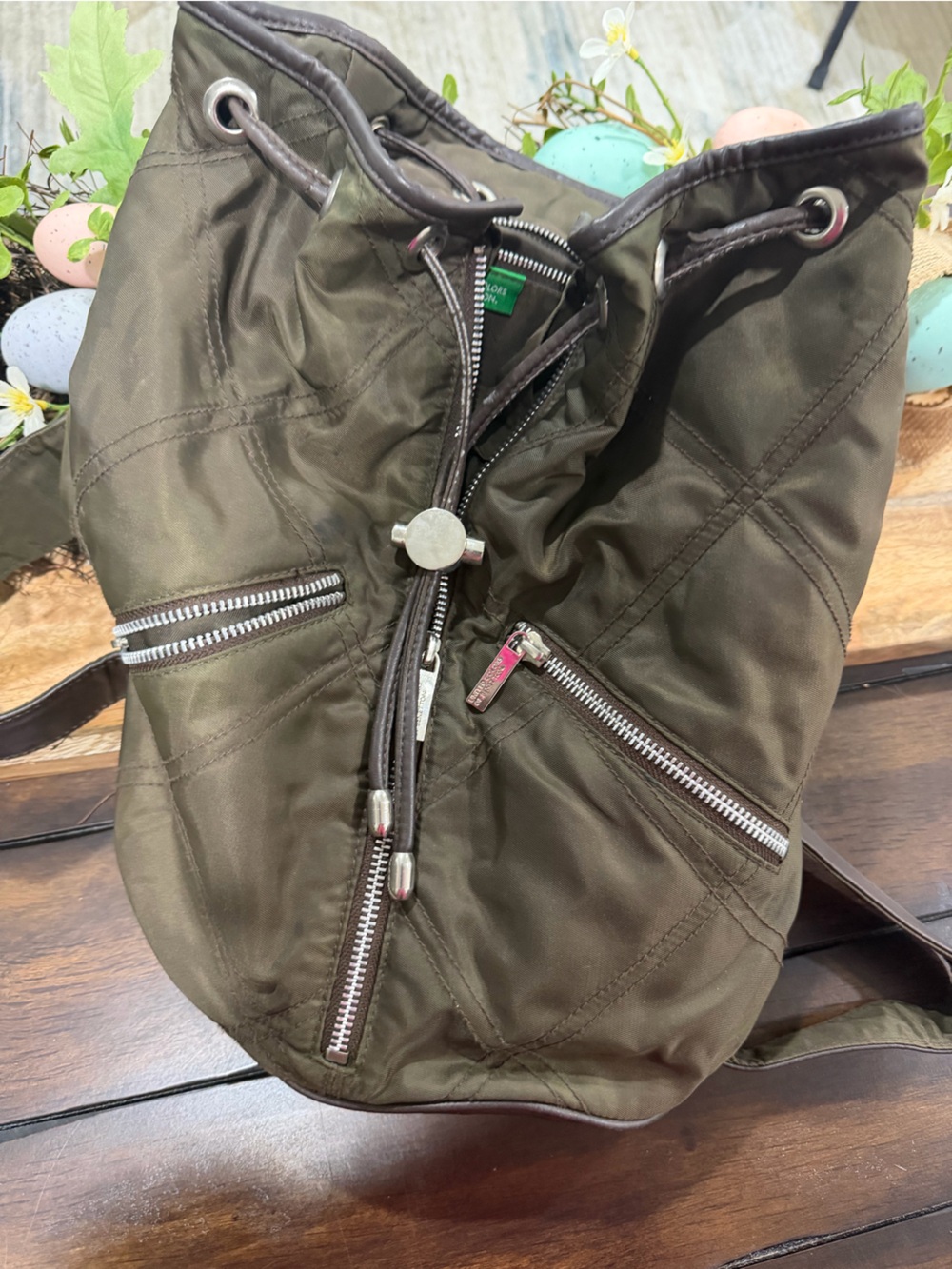 United Colors Of Benetton Olive Green Quilted Nylon Drawstring Backpack